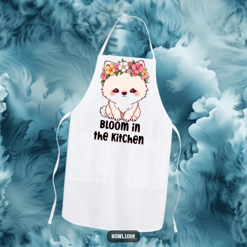 Funny apron illustration of a fluffy wolf wearing a flower crown, looking content. Perfect for a whimsical kitchen.