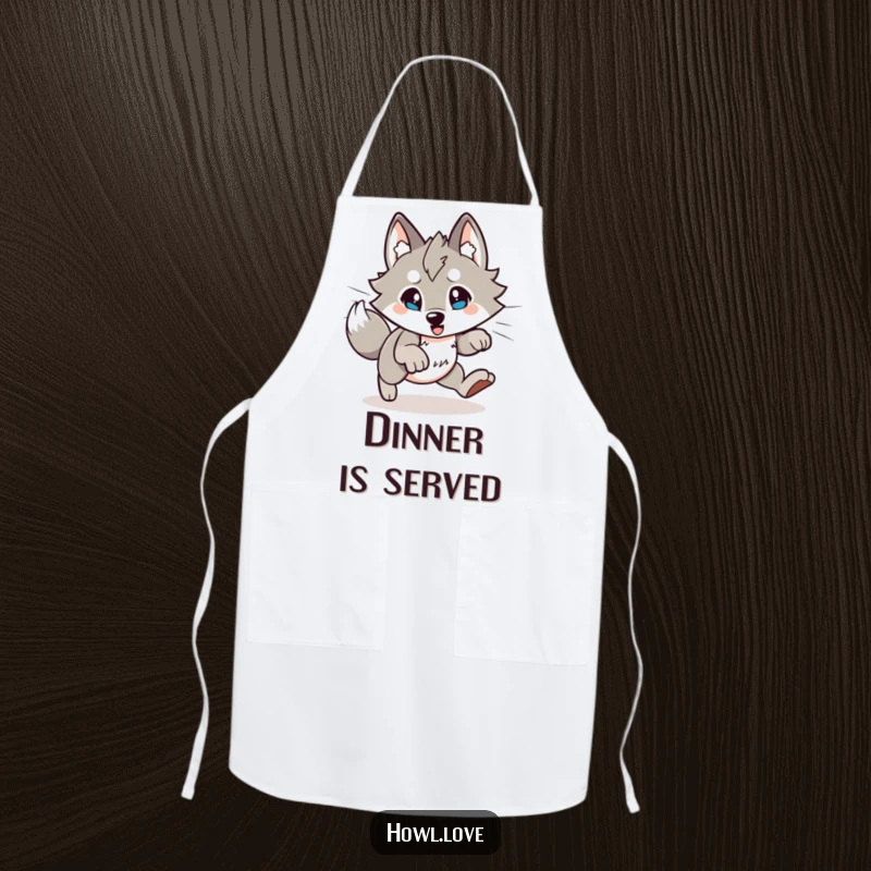 Funny Wolf Apron: A chef’s apron decorated with an energetic wolf character in a dynamic, playful pounce.