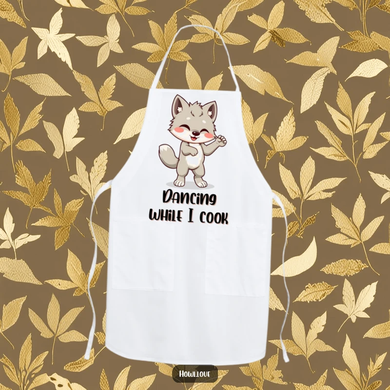 Funny kitchen apron showing a happy wolf cub cub dancing a jig with its tail wagging, a humorous and practical cooking accessory.