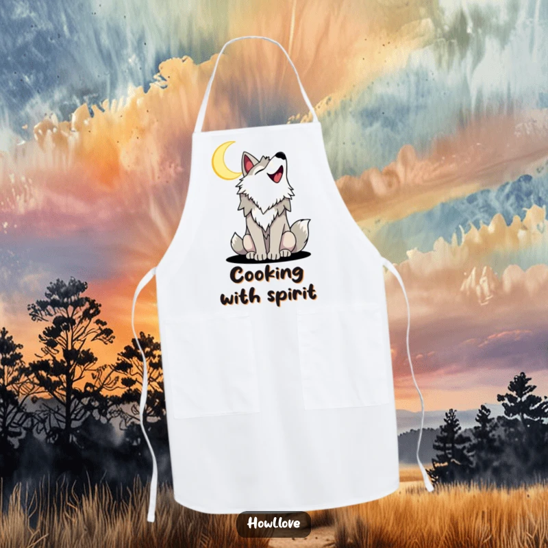 Funny apron featuring a joyful wolf with a wide smile, howling at a crescent moon, perfect for adding humorous flair to cooking.