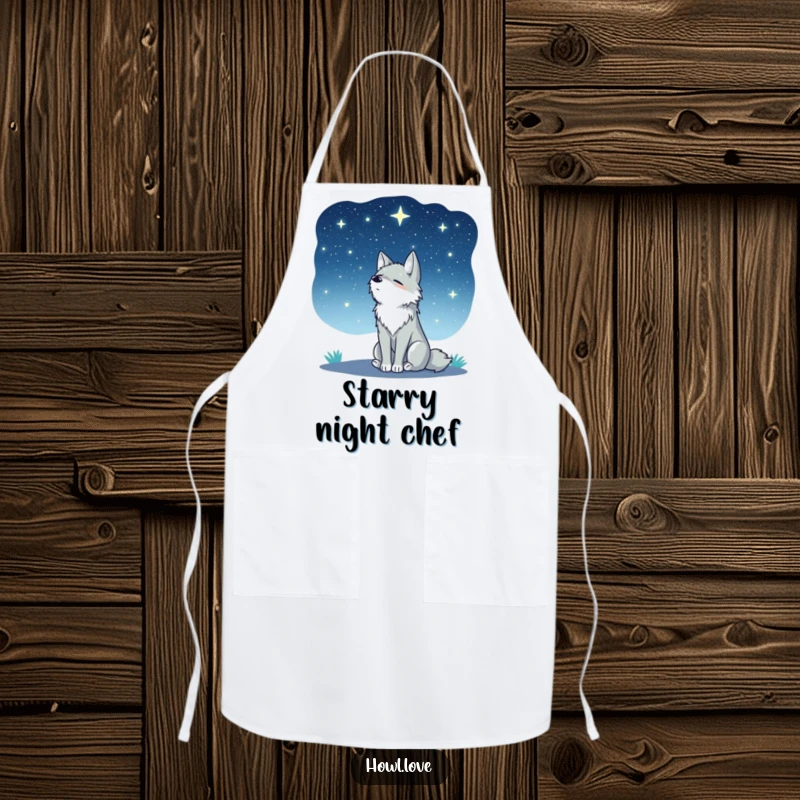 Funny apron illustration of a wolf peacefully gazing at a magnificent starry night sky. Ideal for a thoughtful cook.