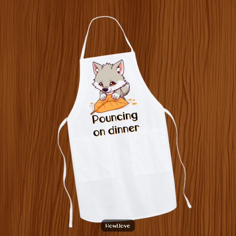 Funny apron illustrating a mischievous wolf in mid-leap, playfully pouncing towards a fallen leaf. Ideal for a humorous cooking experience.