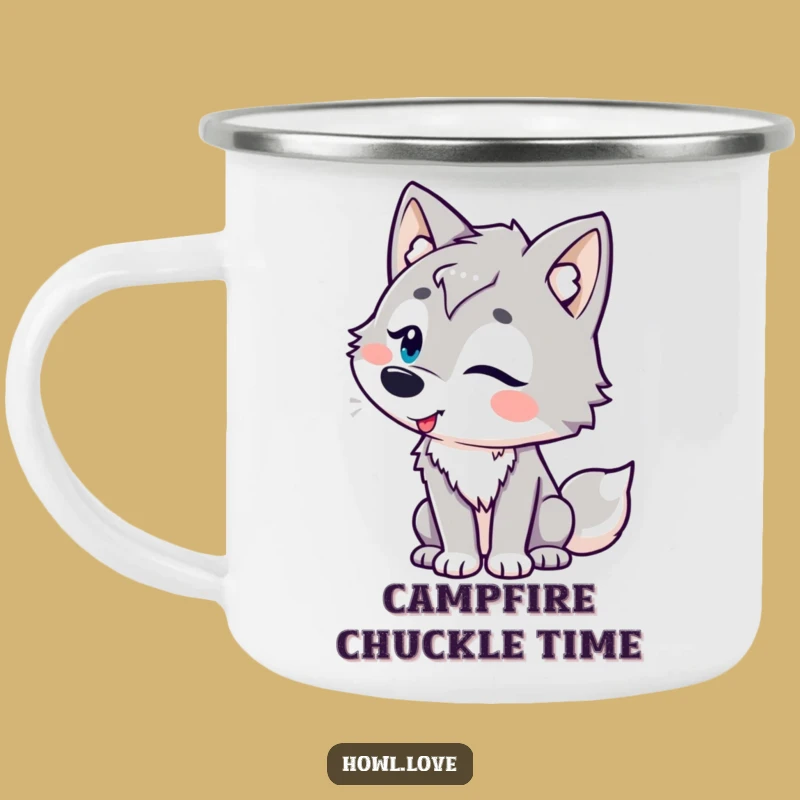 Funny Amused Wolf Camping Mug for Adventures, a Hilarious Outdoor Gift.
