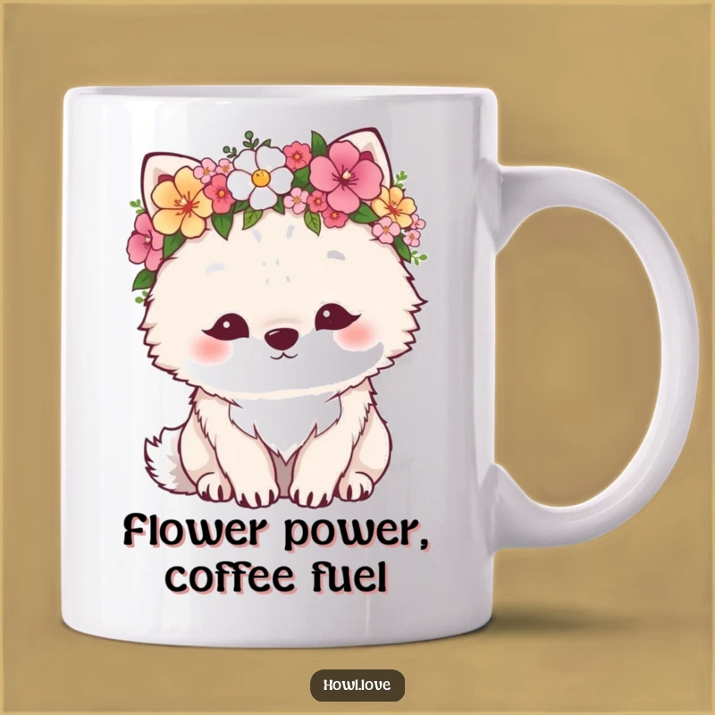 Funny Fluffy Wolf Flower Crown Mug - Adorable & Humorous Boho Gift