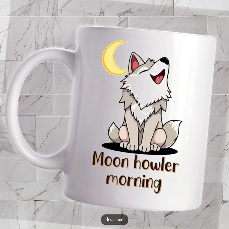 Funny mug showcasing a joyful wolf with a wide, happy smile howling at a crescent moon, conveying pure fun and nighttime delight.