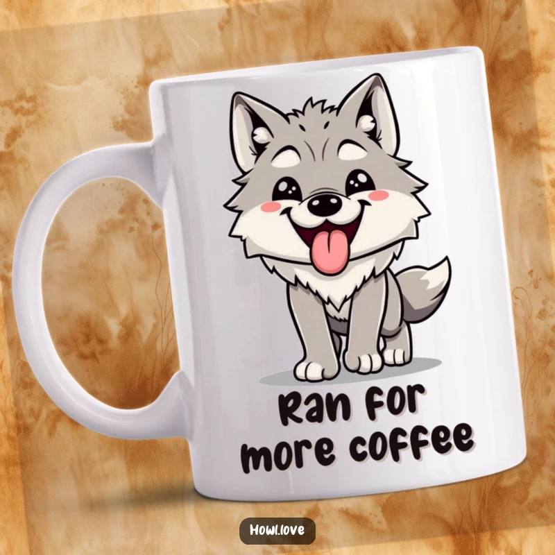 Funny wolf mug featuring a happy gray wolf with its pink tongue hanging out, panting contentedly after a vigorous run.