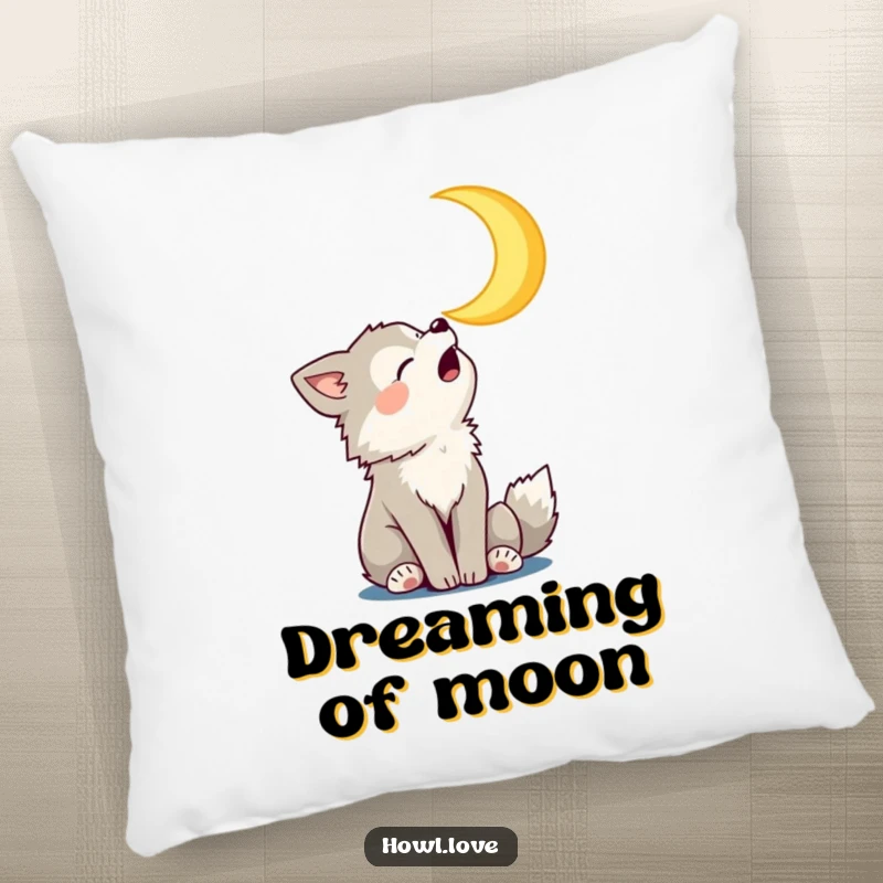 Funny Pillow with a playful wolf cub howling at a smiling moon, providing comfort and hilarious celestial charm.