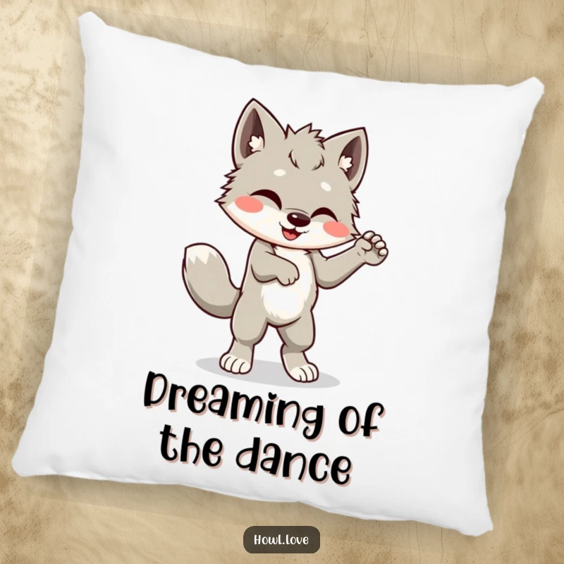 Funny pillow featuring a cute wolf cub cub doing a silly dance with its tail wagging, a soft and humorous addition to decor.