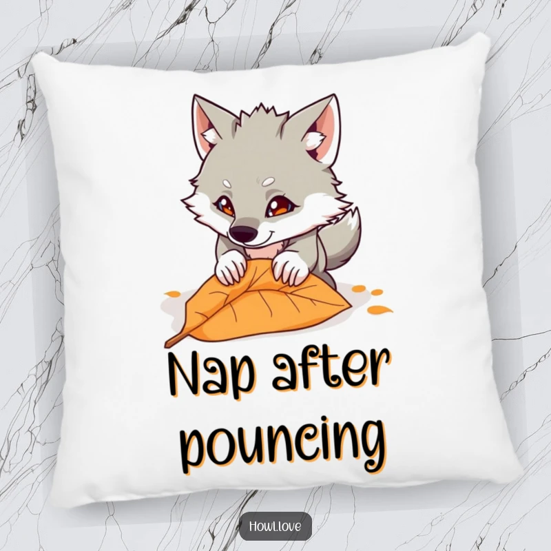 Funny pillow featuring a cartoon wolf mid-pounce, aiming for a single fallen leaf. Soft and humorous home decor accent.