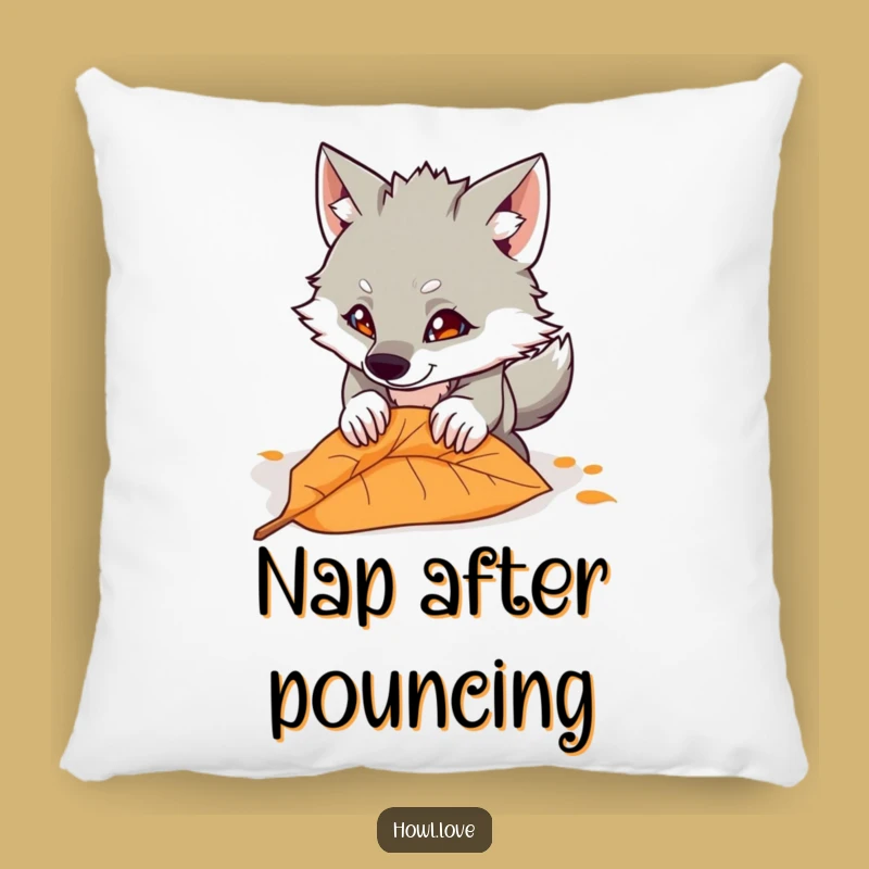 Funny Wolf Pouncing Leaf Pillow - Cozy & Comical Accent Cushion Gift