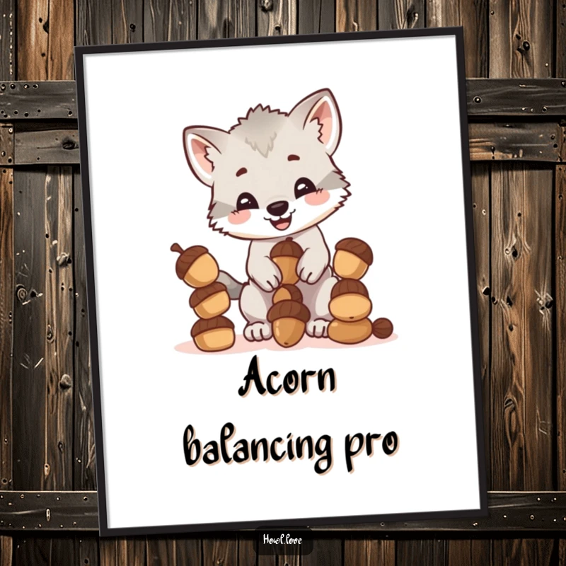 Funny digital art print of a happy wolf cub cub balancing a tall stack of acorns, a whimsical and humorous illustration.