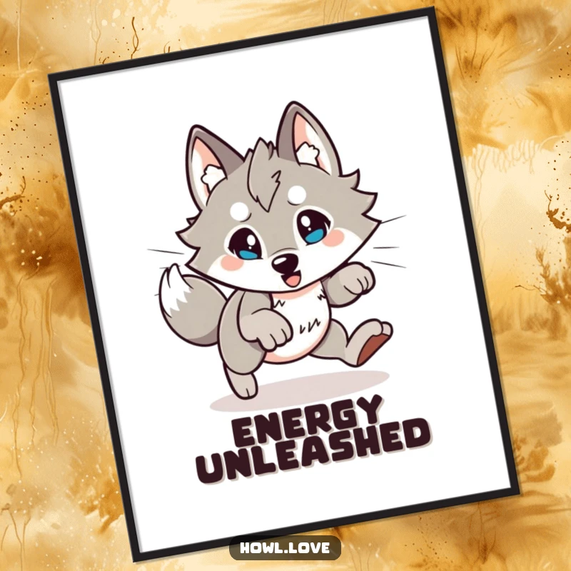 Funny Wolf Digital Art: Energetic wolf character in a dynamic, playful pounce, ready to add fun to your space.