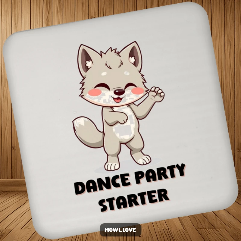 Funny drink coaster showing a happy wolf cub cub dancing with its tail wagging, a humorous and protective surface accessory.