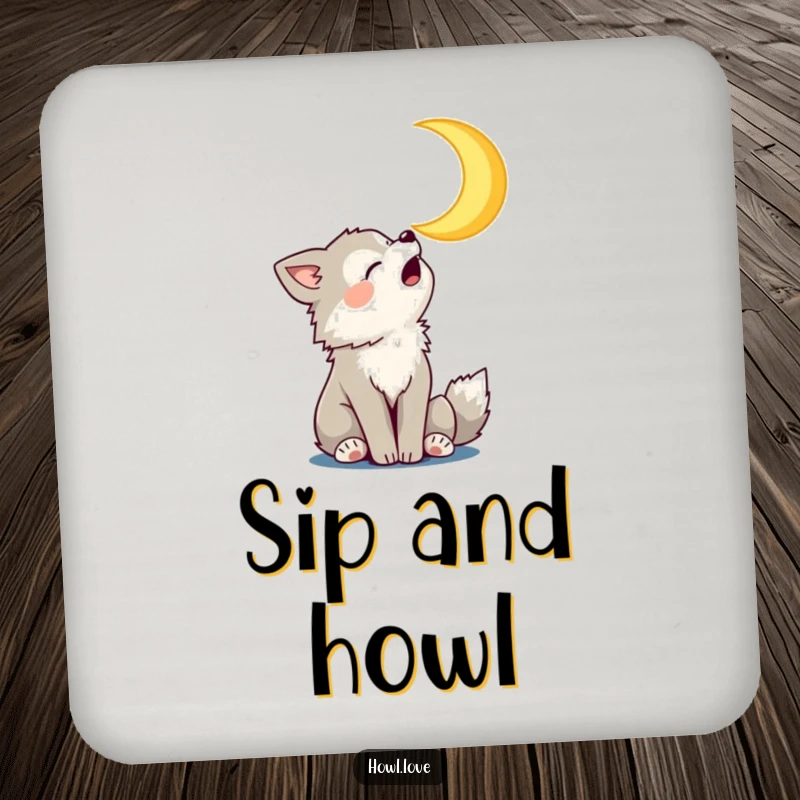 Funny Coaster Set with a wolf cub howling at a smiling crescent moon, offering humorous surface protection.