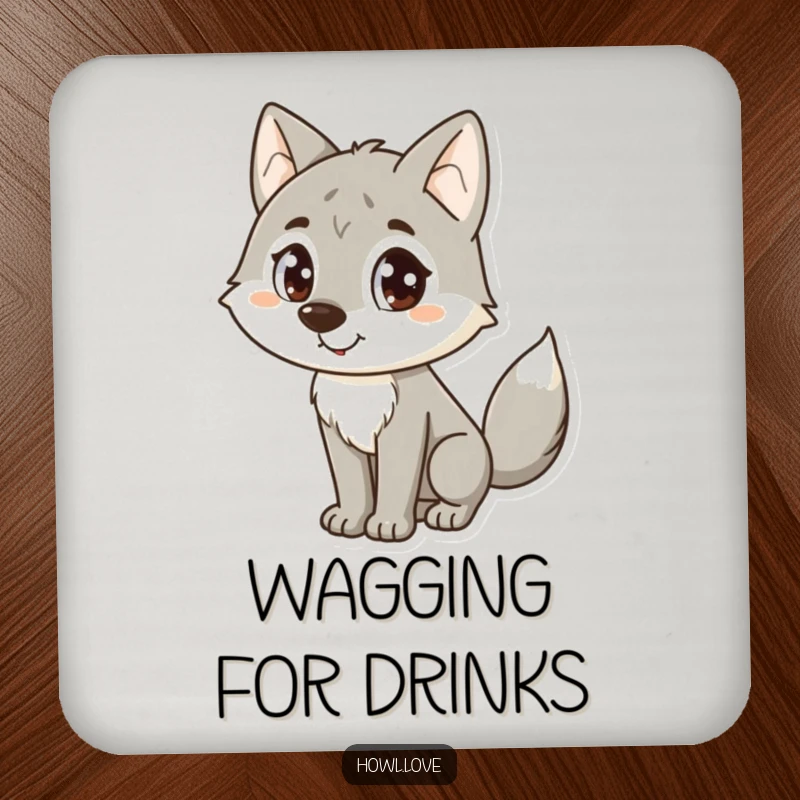 Funny Wolf Coasters: Cute coasters featuring a happy wolf with big dot eyes and a wagging tail, protecting surfaces.