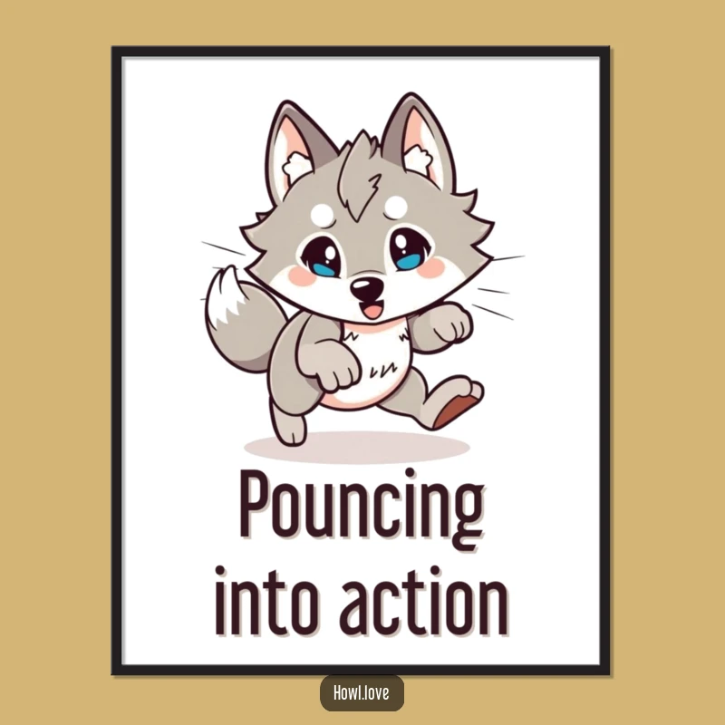 Funny Pouncing Wolf Poster: Energetic Wall Art, Hilarious Animal Print Gift