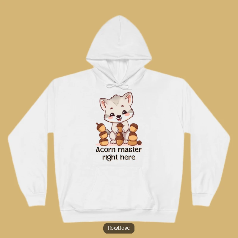 Cozy Funny Wolf Cub Acorn Balance Hoodie: Warm & Hilarious Gift Idea