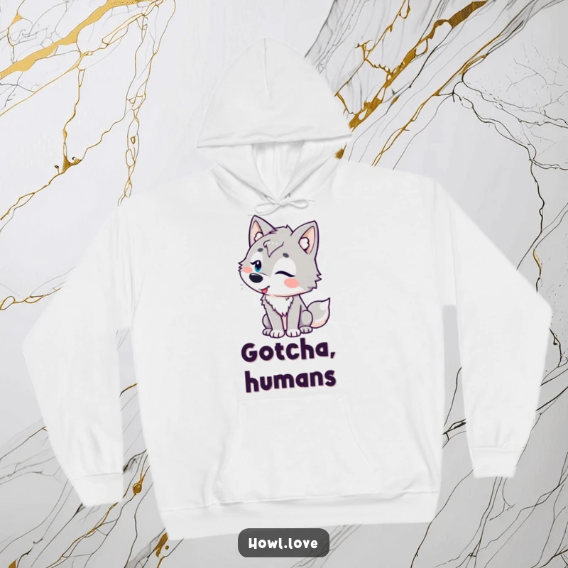 Funny hoodie featuring a wolf character with playful curves, tilting its head in amusement, offering humorous comfort and charming style.