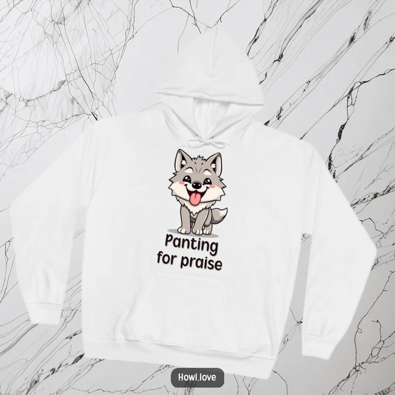 Funny hoodie depicting a content wolf with its tongue out, panting happily after an energetic outdoor run. Warm and humorous.