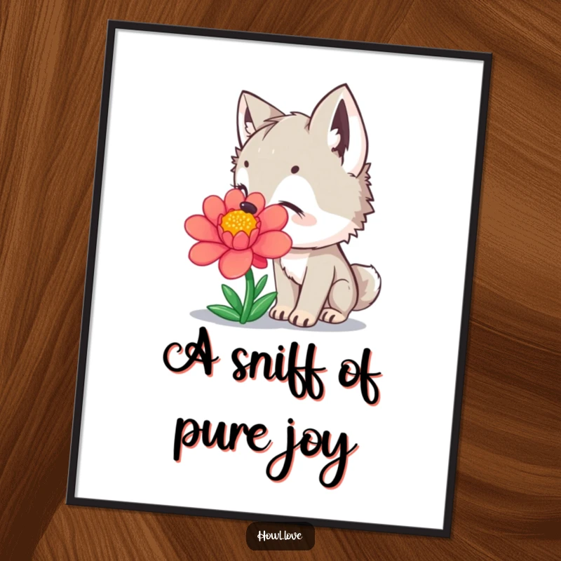 Funny Free Printable Wall Art: A curious young wolf cub sniffing a bright, colorful flower with an expression of pure delight.