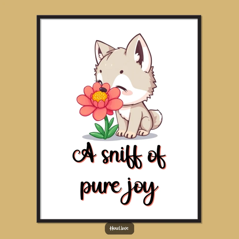 Free Printable Wall Art: Wolf Cub Sniffing Flower, Whimsical Downloadable Decor
