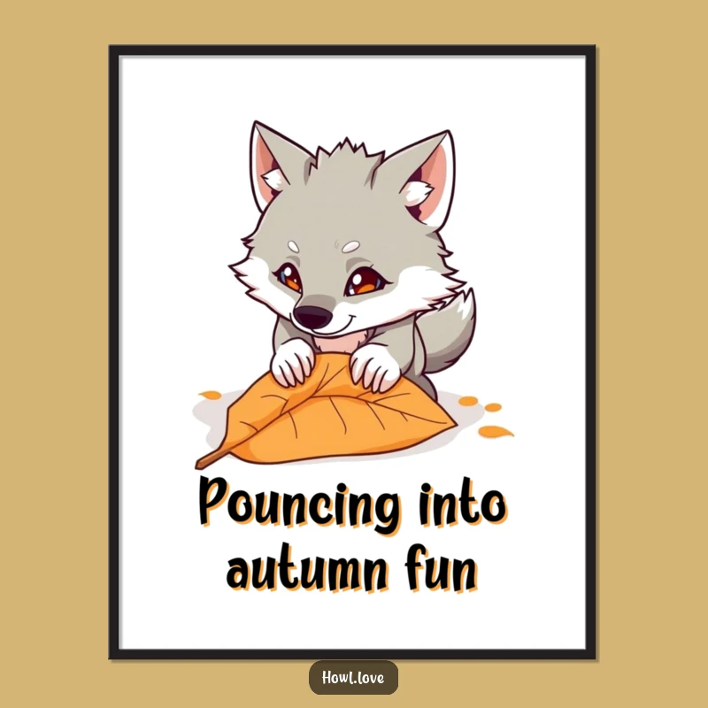 Free Printable Funny Wall Art: Mischievous Wolf Pouncing Leaf Downloadable Decor