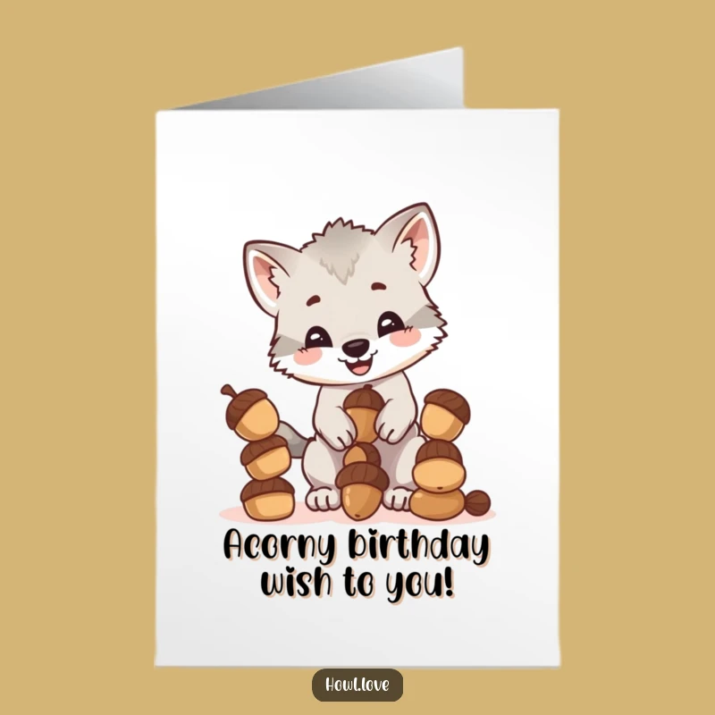 Free Printable Birthday Card: Funny Wolf Cub Balancing Acorns - Hilarious Downloadable Gift