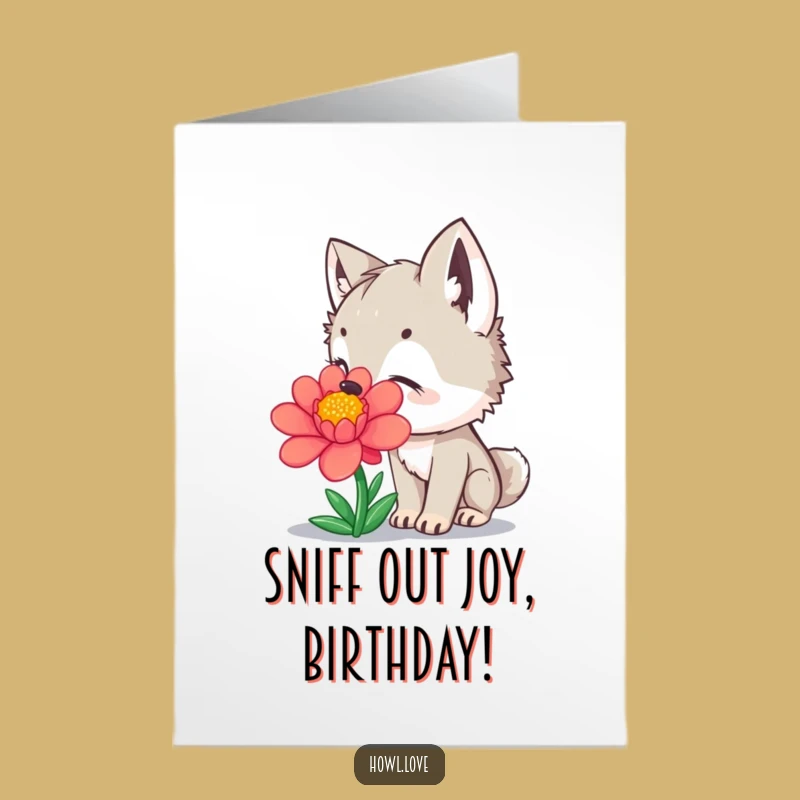 Free Printable Birthday Card: Wolf Cub Sniffing Flower, Delightful Downloadable Gift for Joy