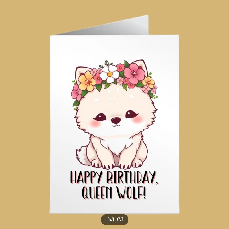 Free Printable Funny Birthday Card: Fluffy Wolf Flower Crown Downloadable Gift