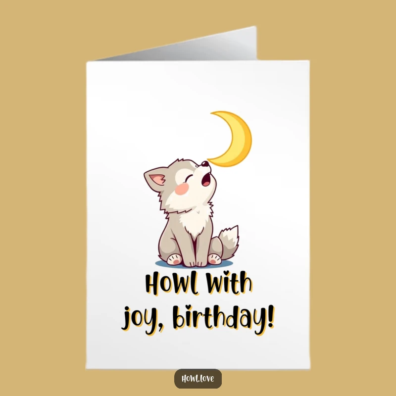 Free Printable Birthday Card: Howling Wolf Cub & Moon, Joyful Downloadable Gift for Fun