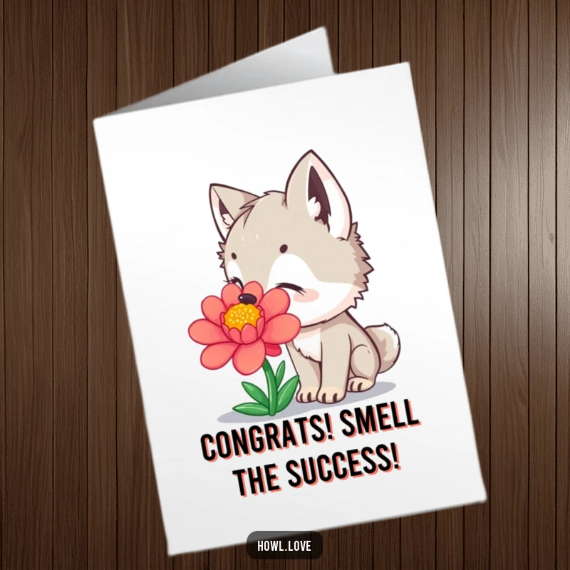 Funny Free Printable Congratulations Card: A curious wolf cub sniffing a vibrant flower with evident delight, celebrating a milestone.