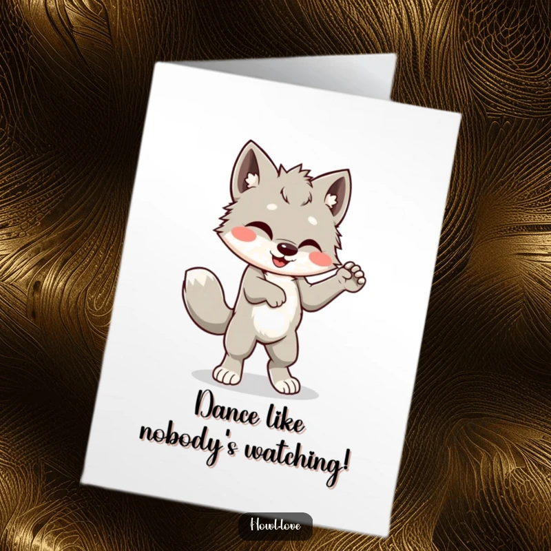Funny Free Printable Congratulations Card featuring a giddy wolf cub performing a wildly enthusiastic, tail-wagging dance.