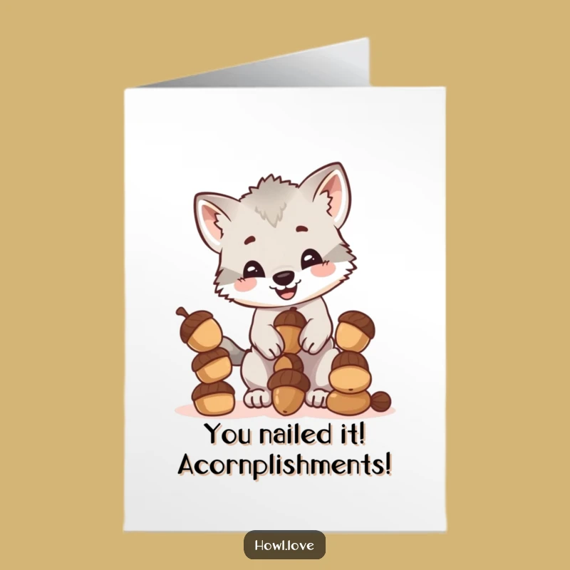 Free Printable Congratulations Card: Funny Wolf Cub Acorn Balance - Unique Downloadable Gift