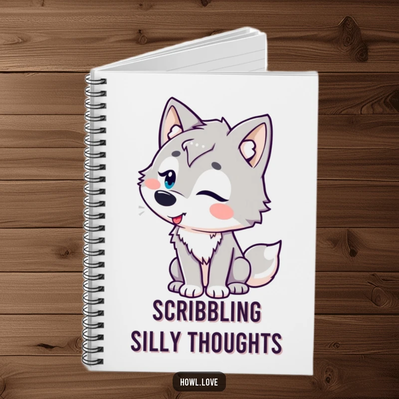 Funny notebook featuring a wolf character with playful curves, tilting its head in amusement, ideal for humorous note-taking and creative journaling.