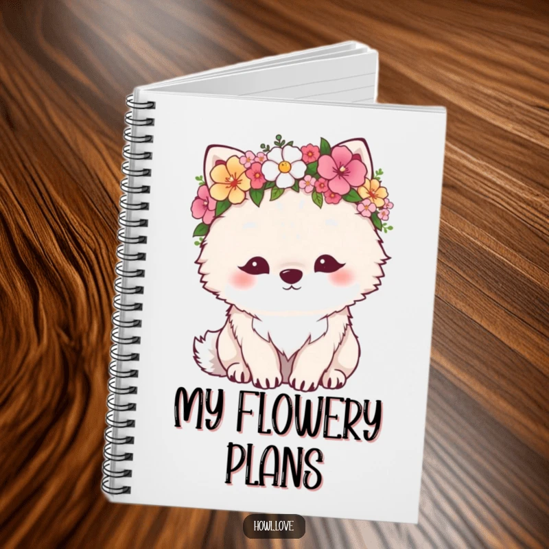 Funny notebook cover displaying a fluffy wolf wearing a flower crown, looking content. Ideal for notes and sketches.
