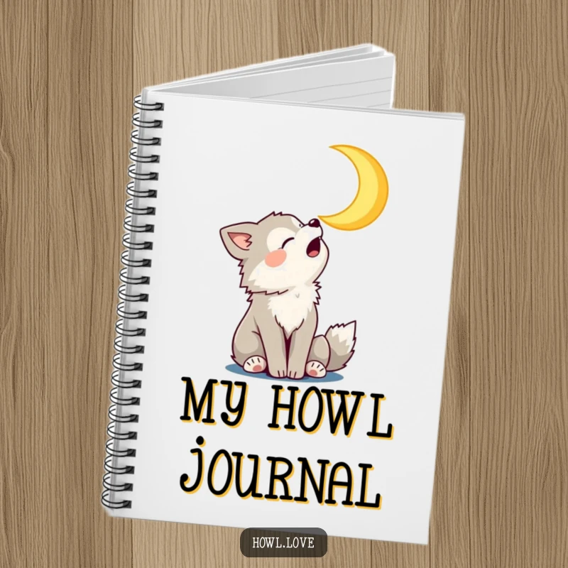 Funny Notebook with a playful wolf cub howling at a smiling crescent moon, perfect for jotting funny thoughts.