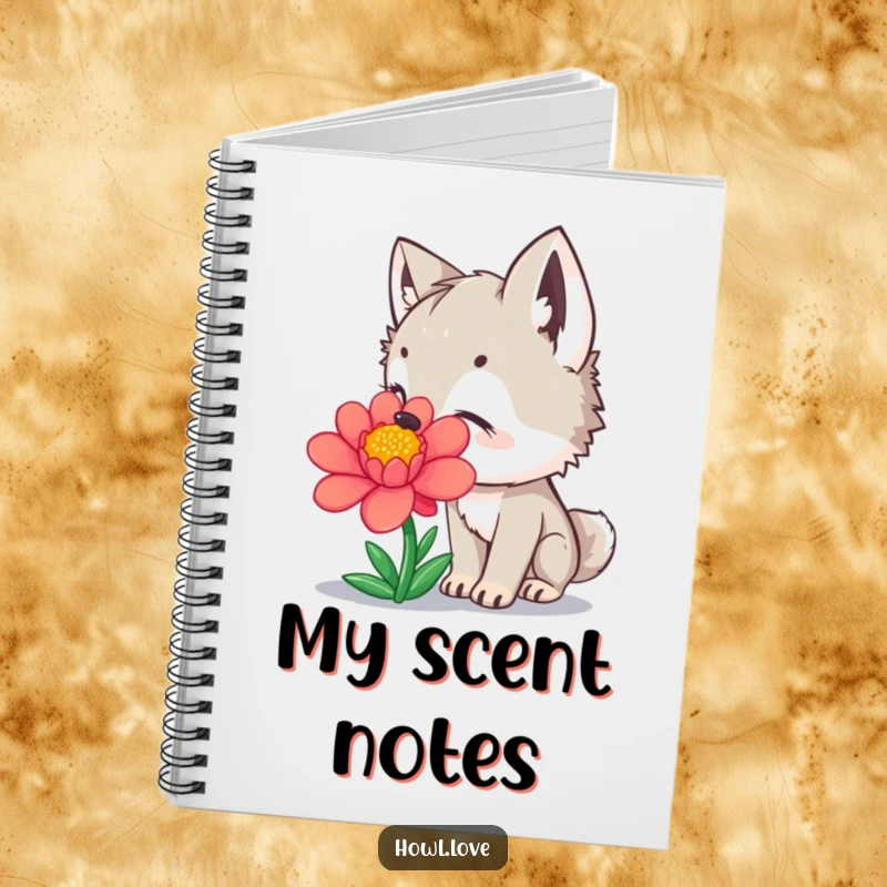 Funny Notebook with a curious wolf cub sniffing a colorful flower, perfect for jotting down funny thoughts.