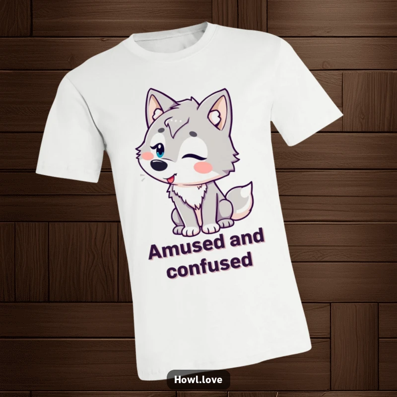 Funny t-shirt depicting a wolf character with playful curves, tilting its head in amusement, perfect for expressing humorous joy.