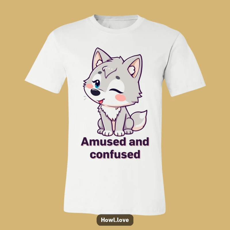 Funny Amused Wolf T-Shirt with Playful Curves, a Hilarious Casual Gift.