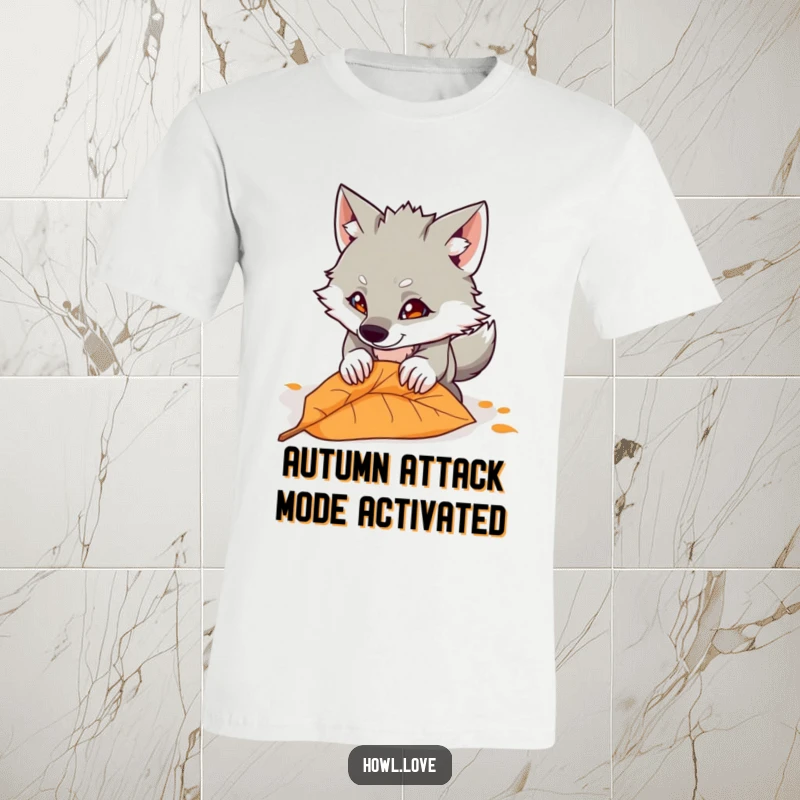 Funny t-shirt featuring a mischievous wolf with wide eyes, playfully pouncing mid-air towards a single fallen leaf. A comical woodland scene.
