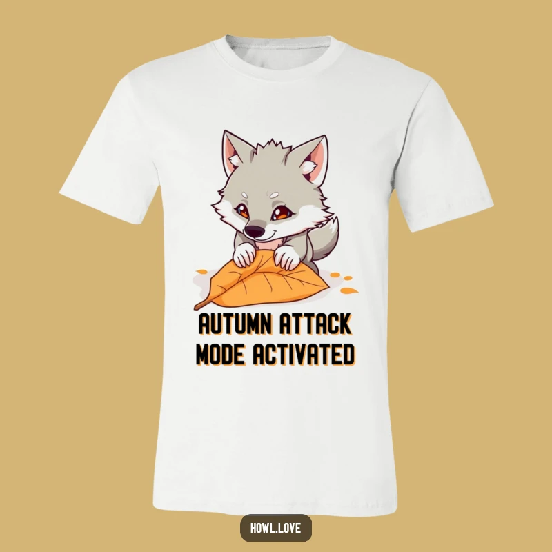 Funny Mischievous Wolf Pouncing Leaf T-Shirt - Comical Animal Tee Gift