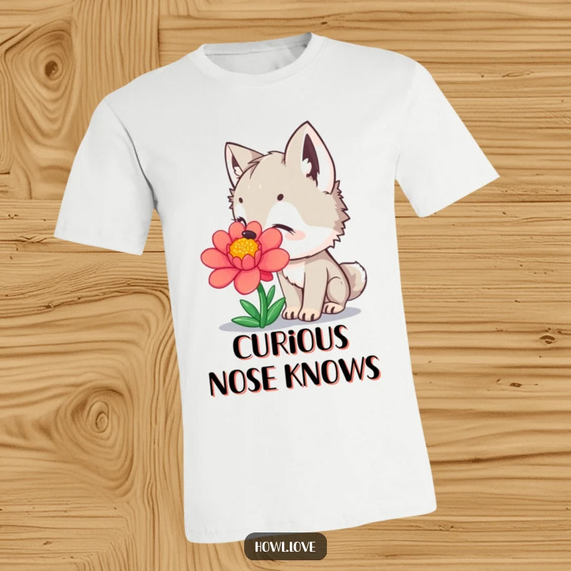 Funny T-Shirt depicting a curious wolf cub delightedly sniffing a bright, colorful flower. A charming funny gift.