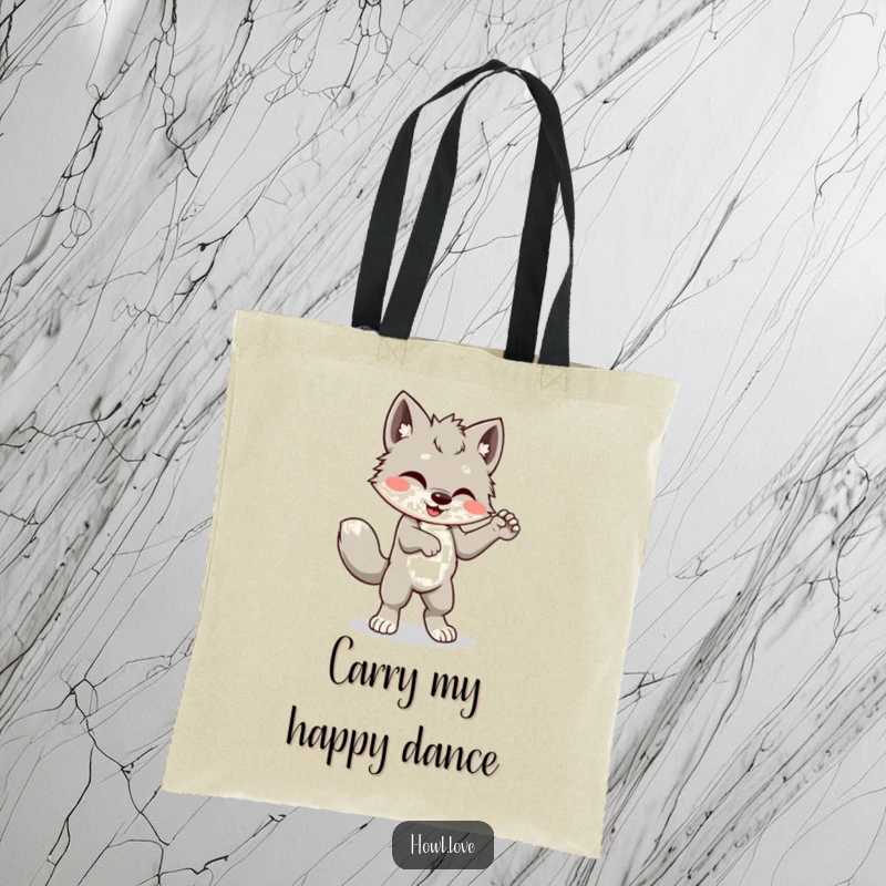 Funny tote bag illustrating a happy wolf cub cub dancing wildly with its tail wagging, conveying infectious energy and fun.