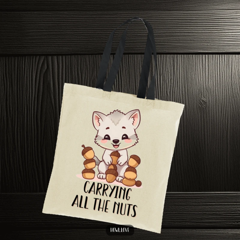 Funny tote bag showcasing a happy wolf cub cub attempting to balance a tower of acorns, a delightful and humorous illustration.