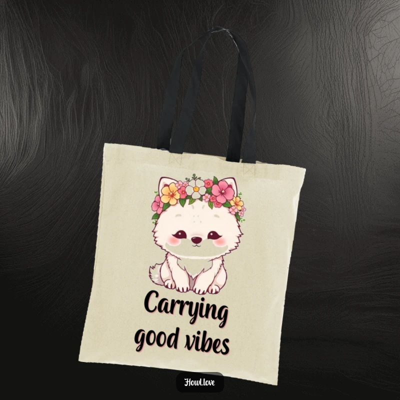 Funny tote bag featuring a fluffy wolf wearing a lovely flower crown, looking completely content. Ideal for shopping or daily use.